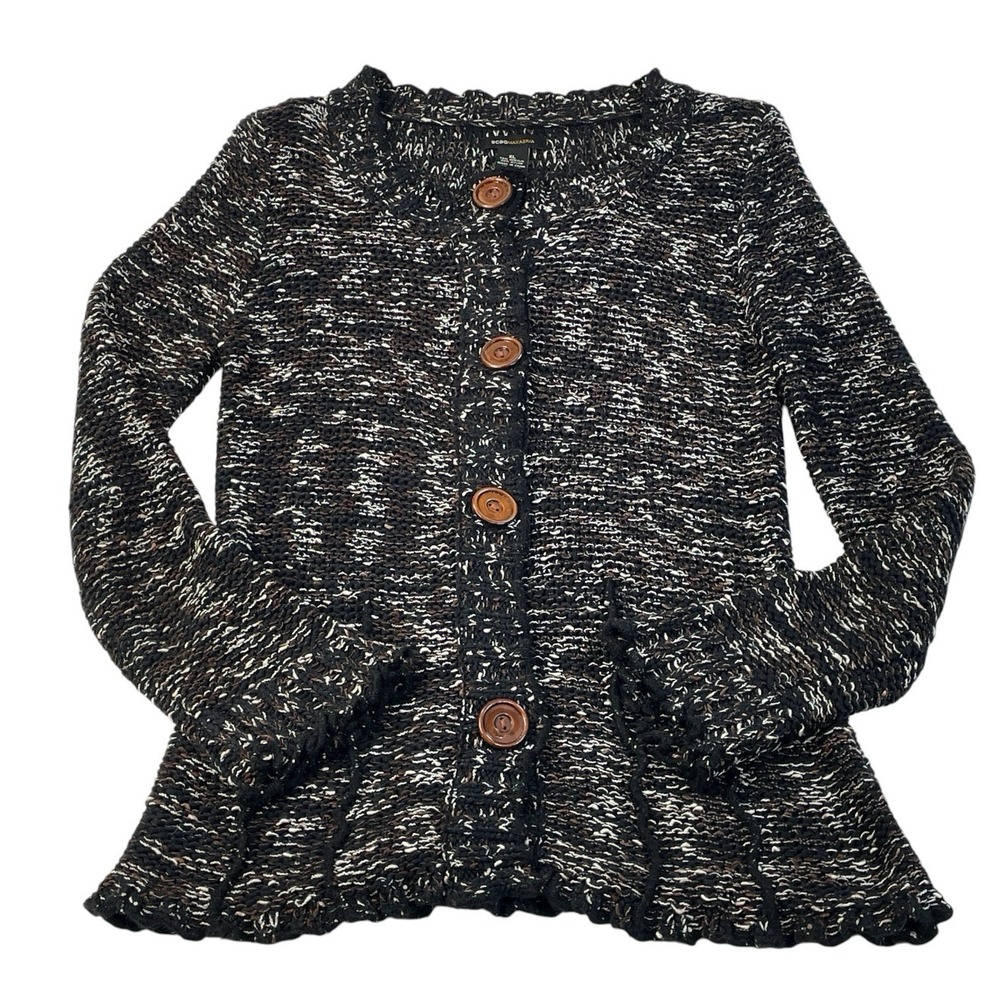 BCBGMAXAZRIA Black Marled Knit Peplum Cardigan Sweater‎ XL Button Front Ruffle